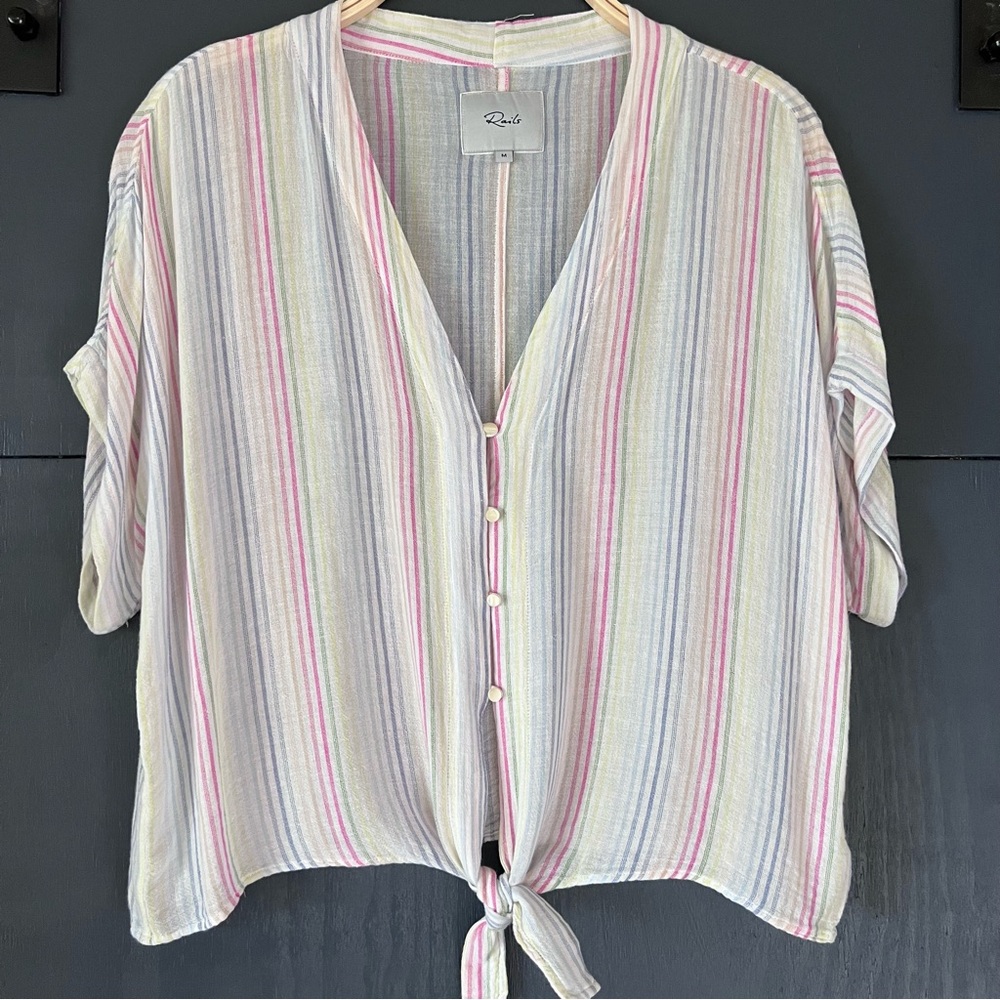 RAILS Thea Isla Striped Tie Front Shirt Size Medium Cream/pink/blue EUC| - Picture 4 of 7